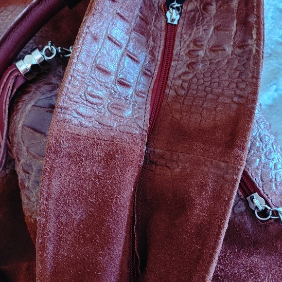 Anna Morellini Dark Red Suede Leather Crocodile Hobo Bag - Picture 6 of 16